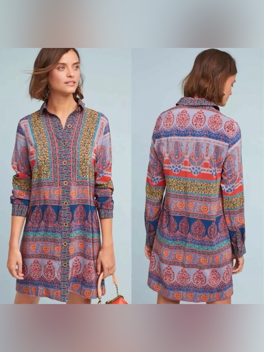 Anthropologie Dress Maeve Casablanca Silk Shirt Tunic Multi Color Paisley Print